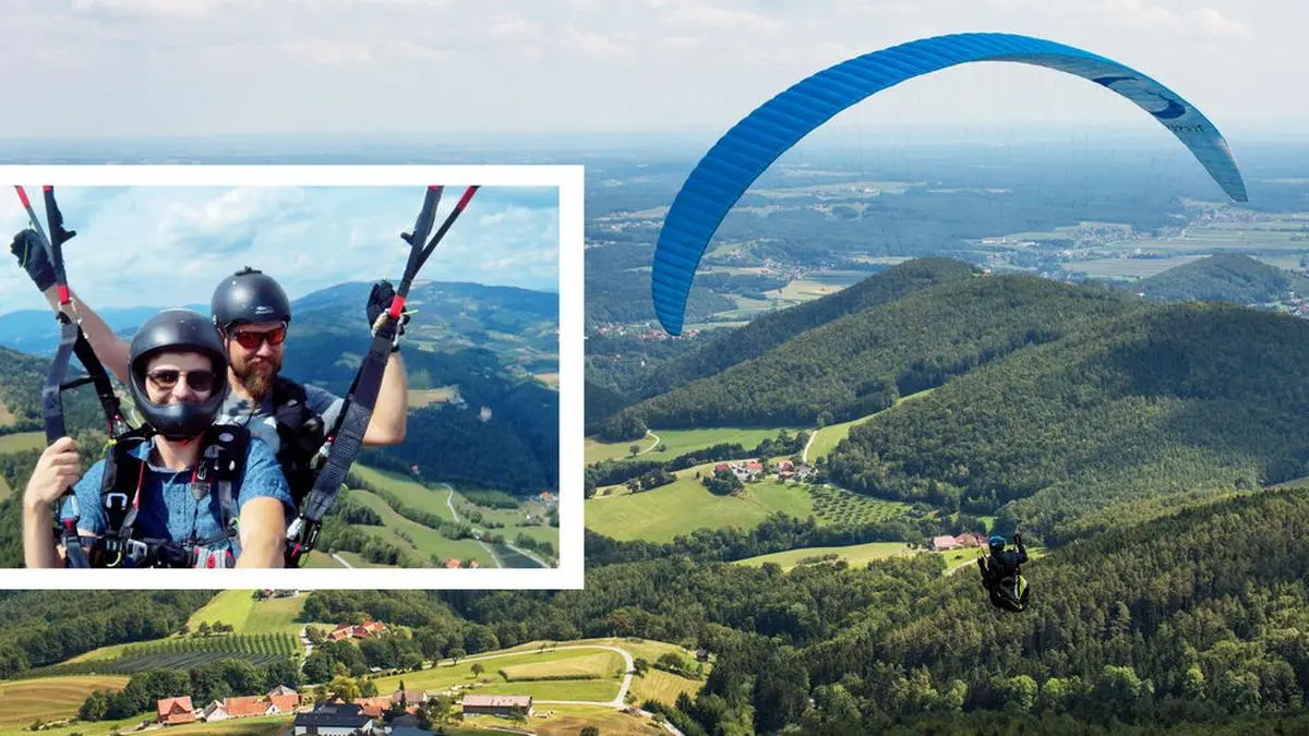 Felix Allmer (hinten) startet, so wie der Pilot rechts, mit Redakteur Jonas Pregartner vom Kulm Richtung See