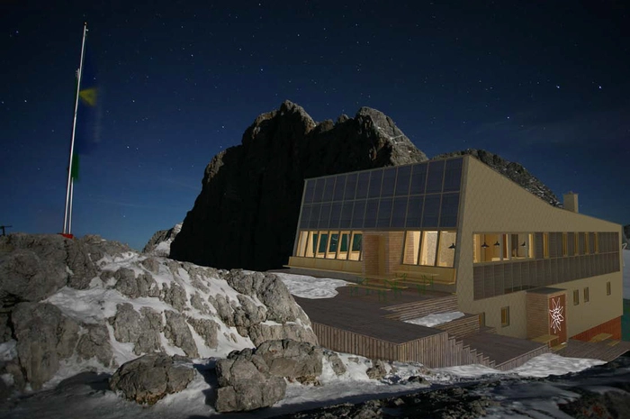 "Unser Entwurf versucht eine neue Interpretationder einfachen, jedoch zeitgemäßenHütte um auch die Anforderungen an denhochfrequenten Gastrobetrieb als Lebensaderder Hütte optimal erfüllen zu können.Sowohl der kurzangebundene Tagestourist,als auch der verweilende Bergsteiger sollenNaturgenuss, Rückzugsmöglichkeit,Ruhe und Erholung finden", beschreibt Architekt Christoph Deseyve.