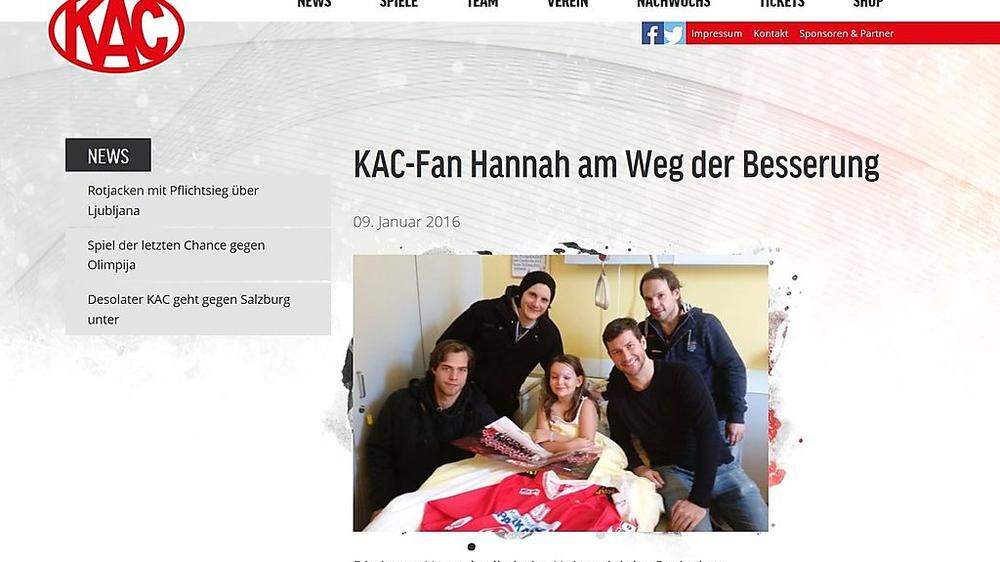 Auf seiner Homepage wünscht der KAC dem Mädchen gute Besserung. Vier Spieler besuchten die Siebenjährige im Spital