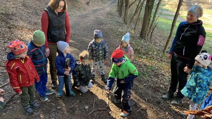 Aus Stücken und Blättern wird ein Osterhase im Wald gelegt.