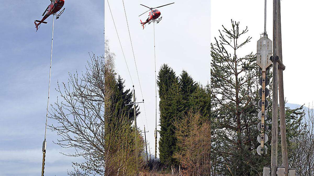 Mit einer Helikopter-Säge werden die Trassen für die Stromleitungen freigeschnitten