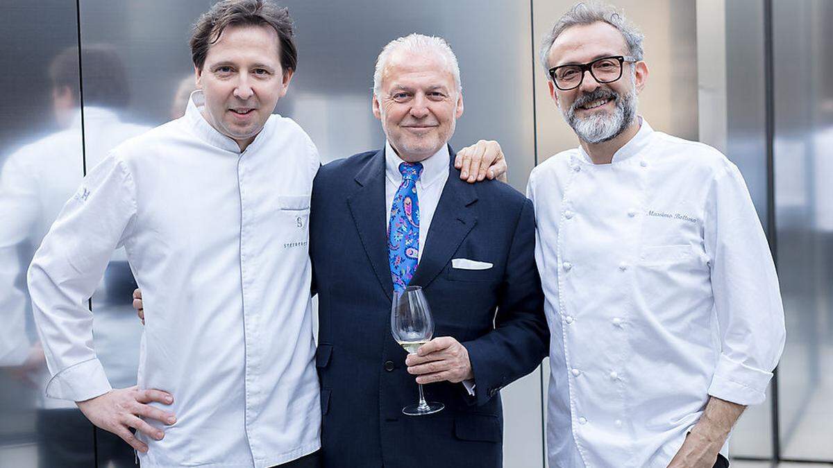 Wolfgang Rosam mit den „Avantgardisten“ Heinz Reitbauer (Steirereck, 4 Hauben) und Massimo Bottura (Osteria Francescana in Modena, 2017 zum zweitbesten Restaurant der Welt gekürt) 