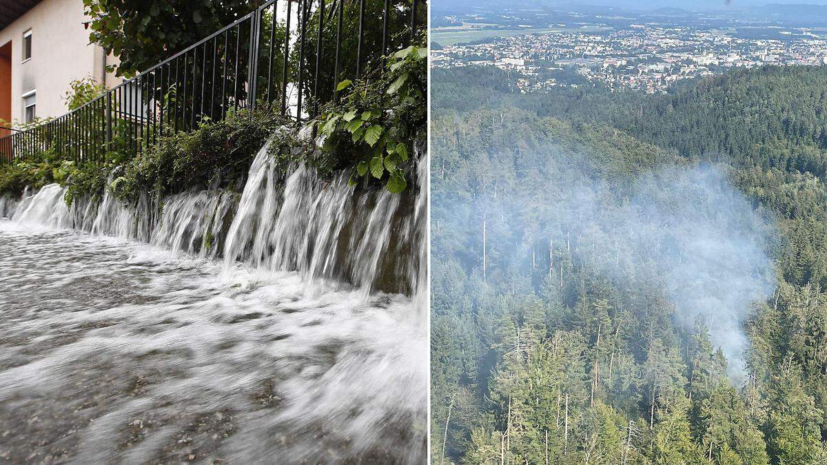 Links: Bild aus Klagenfurt vom 5. August. Rechts: Brand am Falkenberg bei Klagenfurt am 20. August