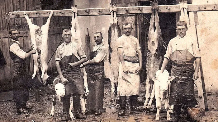 Schlachtung beim Gasthaus Ritter (später Maierhofer) in Grafendorf, um 1910