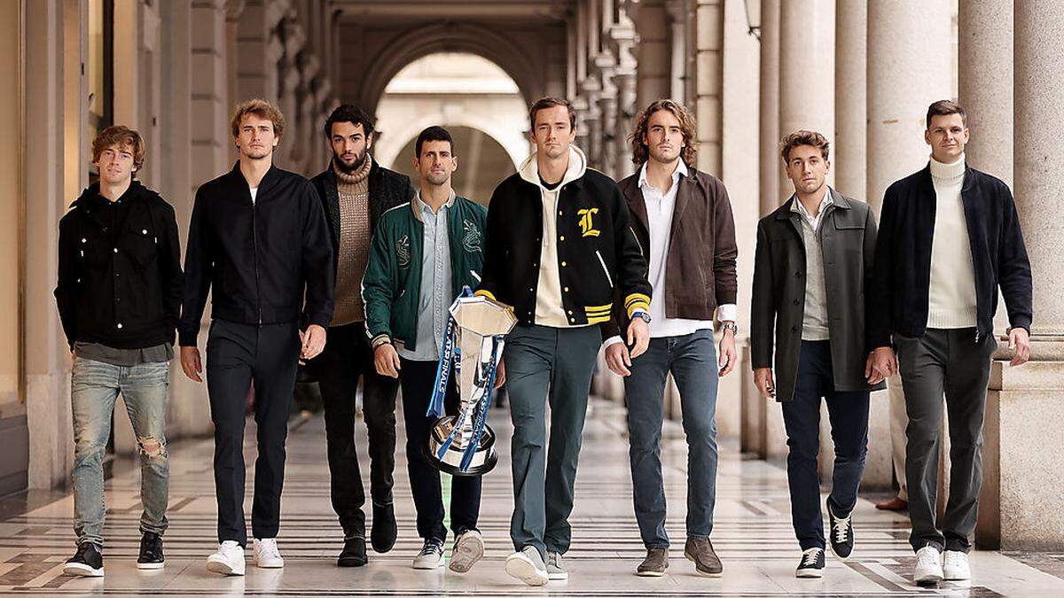 Von links: Rublew, Zverev, Berrettini, Djokovic, Medwedew, Tsitsipas, Ruud und Hurkacz