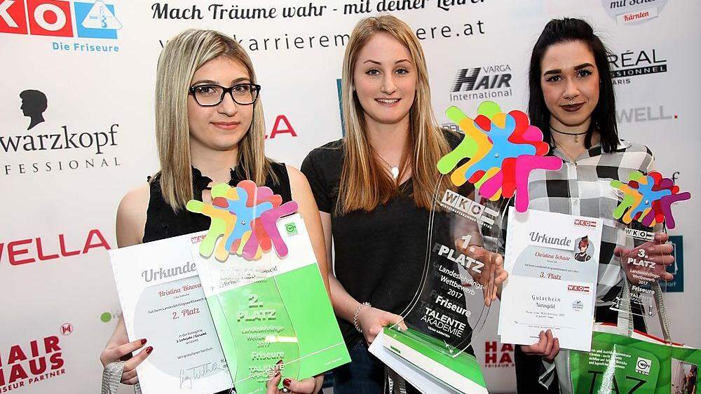 Sie sind die besten Nachwuchs-Friseurinnen Kärntens: Binova Hristina, Lena Rindler und Christine Schaar (von links)