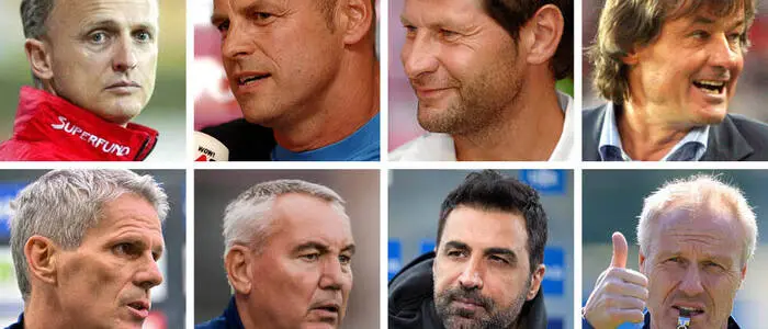 Oben (vor 20 Jahren in Pasching von links): Nach Zellhofer, Kraft und Heraf übernahm Constantini. Unten (beim WAC von links): Nach dem Kühbauer-Knall waren Pacult und Atalan glücklos, jetzt ist Silberberger da.