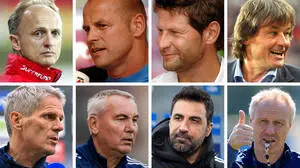 Oben (vor 20 Jahren in Pasching von links): Nach Zellhofer, Kraft und Heraf übernahm Constantini. Unten (beim WAC von links): Nach dem Kühbauer-Knall waren Pacult und Atalan glücklos, jetzt ist Silberberger da. 