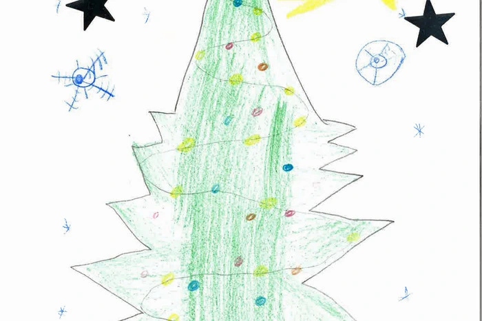 Vivian Podbressnik (8) aus Mitterdorf, Gemeinde St. Barbara, hat diesen schönen Christbaum gezeichnet – mit dem Stern von Bethlehem und anderen Sternen. Was mag wohl in den zwei Päckchen sein? 
