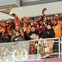 SALZBURG,AUSTRIA,14.FEB.25 - ICE HOCKEY - ICE Hockey League, EC Red Bull Salzburg vs Graz 99ers. Image shows the rejoicing of fans of 99ers.
Photo: GEPA pictures/ Mathias Mandl