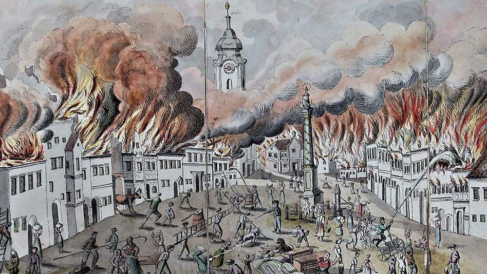 Der Lehrer Vinzenz Hartl fertigte diese Zeichnung vom Marktbrand an.