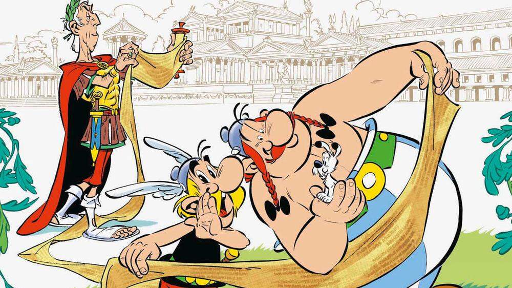 Das Cover von Band 36: Asterix und Obelix amüsieren sich über den Papyrus des Cäsar