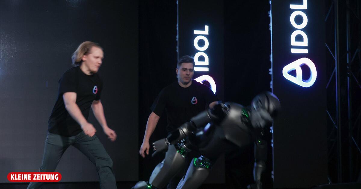 Russian humanoid AI robot takes a tumble on stage