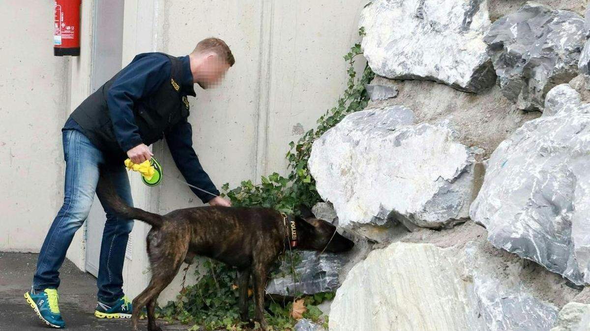 Ermittler mit Spürhund am Tatort