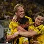 Fussball, UEFA Champions League Saison 2023/2024, Semifinal, Halbfinale , Borussia Dortmund - Paris Saint Germain, Signal Iduna Park Dortmund julian brandt, Niclas Füllkrug , marcel sabitzer alle BVB,jubeln *** Football, UEFA Champions League season 2023 2024, semi-final, semi-final , Borussia Dortmund Paris Saint Germain, Signal Iduna Park Dortmund julian brandt, Niclas Füllkrug , marcel sabitzer all BVB,jubeln