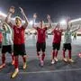 Austrias team celebrating victory at Austria - Serbia friendly game in Viennas Ernst Happel Stadion. Vienna *** Austrias team celebrating victory at Austria Serbia friendly game in Viennas Ernst Happel Stadion Vienna