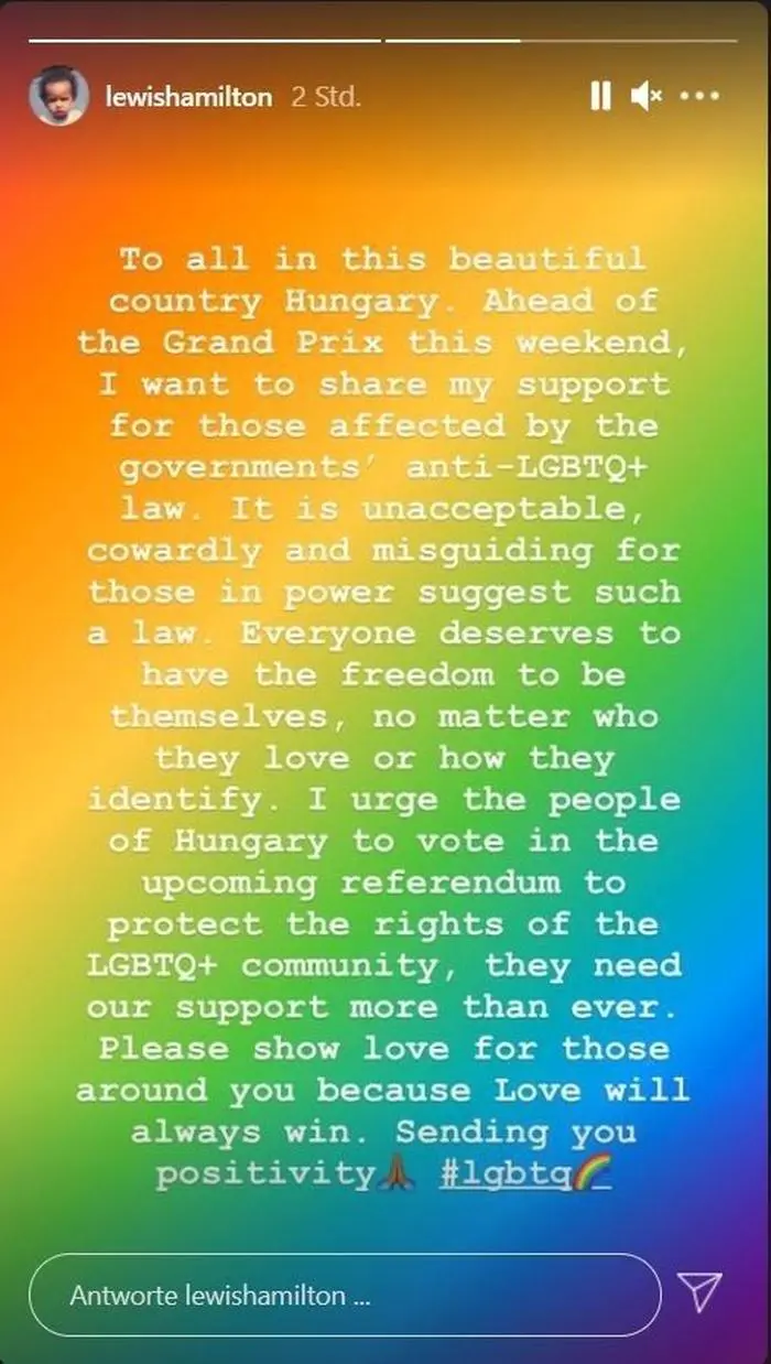 Via Instagram appelliert Hamilton an die Ungarn, gegen das Gesetz zu stimmen.  
