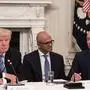 (FILES) US President Donald Trump (L) and Microsoft CEO Satya Nadella (C) listen to Amazon CEO Jeff Bezos (R) during an American Technology Council roundtable at the White House in Washington, DC, on June 19, 2017. According to US media reports released on March 11, 2025, Amazon Prime Video has announced that multiple seasons of "The Apprentice," a 2000s television show featuring Donald Trump, will be available on Amazon's streaming service. (Photo by NICHOLAS KAMM / AFP)