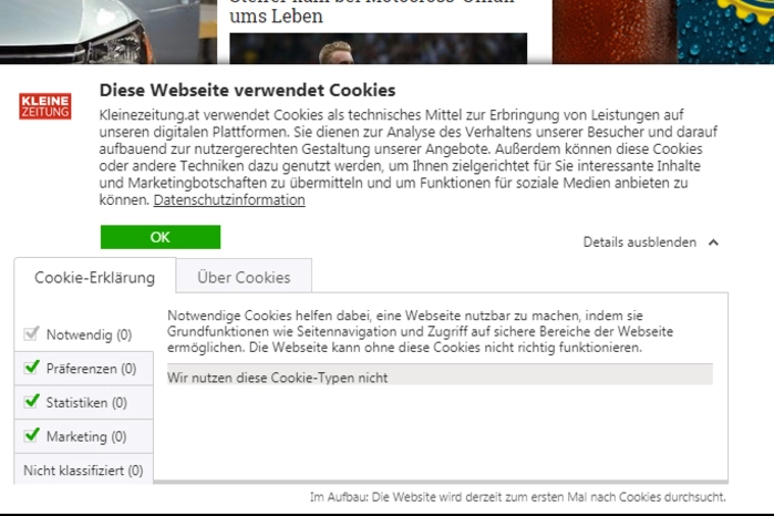 Bei jeder Webseite wird nun ein Cookie-Hinweis erscheinen. Klickt man auf "Details" kann man auswählen, welche Cookies aktiviert bleiben sollen. Cookies, die für die Funktion der Webseite nötig sind, können nicht deaktiviert werden.