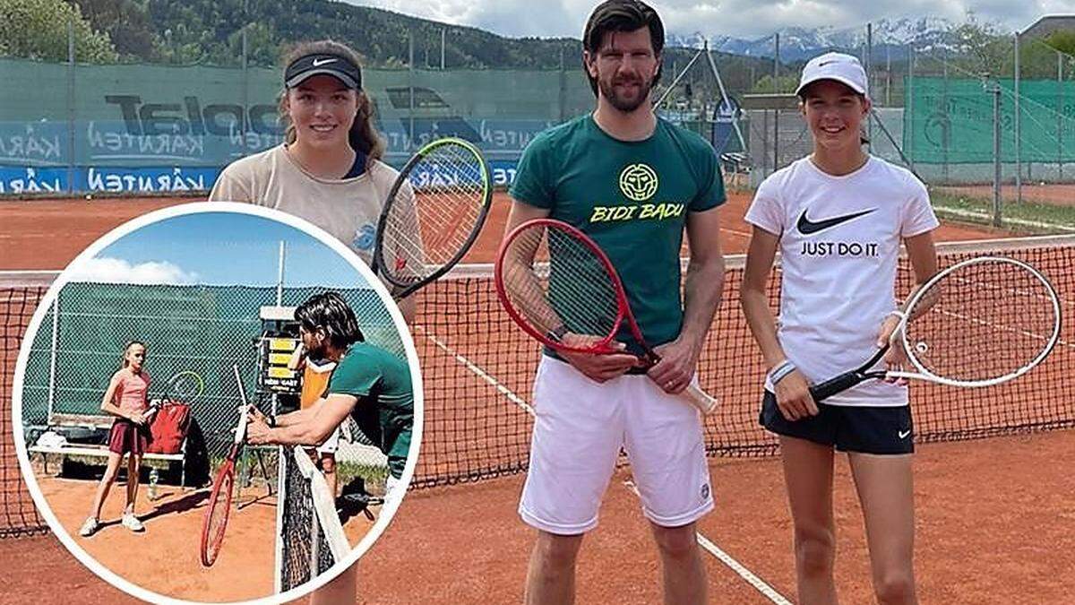 Jürgen Melzer mit den Talenten Emma und Lilli Tagger (r.). Beim Sichtungstraining schaut der Sportdirektor ganz genau hin