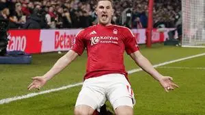 Nottingham, England, 14th January 2025. Chris Wood of Nottingham Forest celebrates scoring the first goal during the Premier League match at the City Ground, Nottingham. Picture credit should read: Andrew Yates / Sportimage EDITORIAL USE ONLY. No use with unauthorised audio, video, data, fixture lists, club/league logos or live services. Online in-match use limited to 120 images, no video emulation. No use in betting, games or single club/league/player publications. SPI_023_AY_Forest_Liverpool SPI-3596-0023