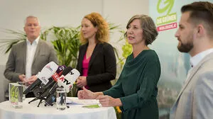 Vor einem Monat war die grüne Welt noch (fast) in Ordnung. V. l. n. r.: Ellensohn, Pühringer, Hebein und Kraus analysieren vier Tage nach der Wahl das Ergebnis