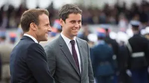 Reshuffle: Attal Could Be Named Prime Minister File photo - French president Emmanuel Macron and Minister of State, attached to the Minister of National Education and Youth Gabriel Attal prior to the Bastille Day military parade down the Champs-Elysees avenue in Paris on July 14, 2019. - French National Education Minister Gabriel Attal could be named Prime Minister after Elisabeth Borne spoke with President Emmanuel Macron as a cabinet reshuffle appears imminent. Photo by RaphaÃl Lafargue/ABACAPRESS.COM Paris France PUBLICATIONxNOTxINxFRAxESPxUKxUSAxBELxPOL Copyright: xLafarguexRaphael/ABACAx