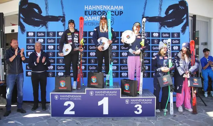 KITZBUEHEL,AUSTRIA,08.MAR.25 - ALPINE SKIING - FIS European Cup, Super G, ladies. Image shows Carmen Spielberger (AUT), Nadine Fest (AUT), Victoria Olivier (AUT), Magdalena Egger (AUT) and NIcol Delago (ITA). Keywords: awards, award ceremony.
Photo: GEPA pictures/ Matthias Hauer