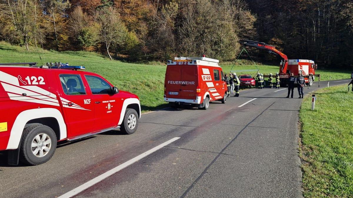 Die Feuerwehren Heiligenkreuz am Waasen und Leibnitz bargen das Auto aus dem Straßengraben