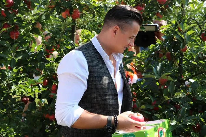 Auch Andreas Gabalier pflückte im Obstgarten des Bio-Hofes Hasenhütl. Zwischendurch nahm er sich immer wieder Zeit für Fans und Besucher.
