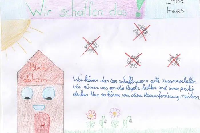 Das Bild wurde für die geamte Bevölkerung gemalt, da wir es nur gemeinsam schaffen können :-). Das Bild soll die Selbstverantwortung jeder Person stärken. Gemalt wurde es von Emma Haas (10 Jahre alt)