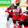 TAMPERE,FINLAND,17.MAY.22 - ICE HOCKEY - IIHF Ice Hockey World Championship 2022, group stage, Czech Republic vs Austria. Image shows the rejoicing of Bernhard Starkbaum, Dominique Heinrich and Clemens Unterweger (AUT).
Photo: GEPA pictures/ Daniel Goetzhaber