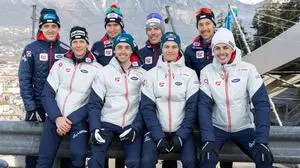 INNSBRUCK,AUSTRIA,19.NOV.25 - NORDIC SKIING, NORDIC COMBINED - Ski Austria, media event. Image shows from left to right in front row: Paul Walcher, Stefan Rettenegger, Johannes Lamparter, Florian Kolb, in second row: Thomas Rettenegger, Martin Fritz, Franz-Josef Rehrl and Mario Seidl (AUT).
Photo: GEPA pictures/ Michael Kristen