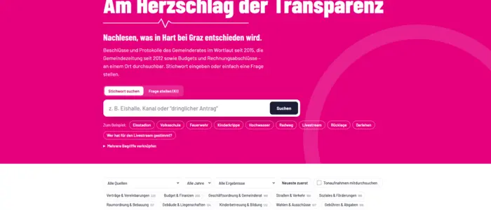 Screenshot der Website mit Suchfeld und tags