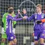 KLAGENFURT,AUSTRIA,04.DEC.23 - SOCCER - ADMIRAL Bundesliga, SK Austria Klagenfurt vs TSV Hartberg. Image shows the rejoicing of SK Austria Klagenfurt with Till Schumacher and Nicolas Binder (A.Klagenfurt).   Photo: GEPA pictures/ Matthias Trinkl