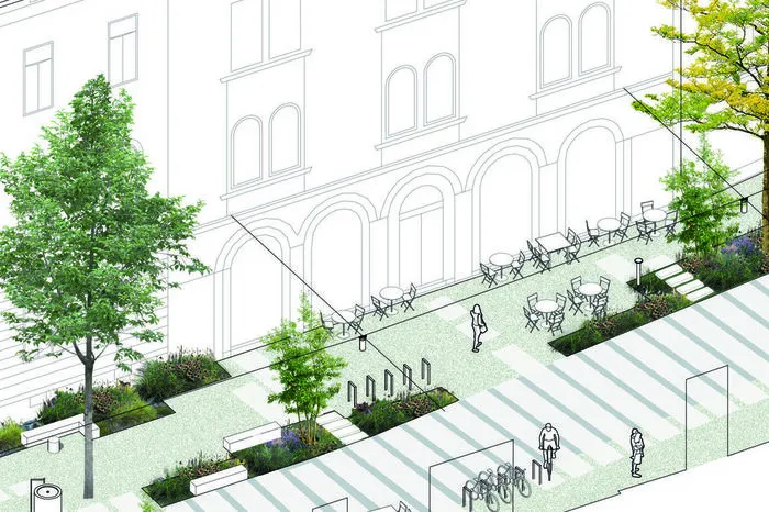 Ausschnitt Tummelplatz/Einspinnergasse: Die Verlängerung der Einspinnergasse - formal hat der Abschnitt auch die Adresse Tummelplatz - soll zur Fußgängerzone werden. Durch das Straßendesign soll klar werden, wo Fuß- und wo der Radverkehr gewünscht ist