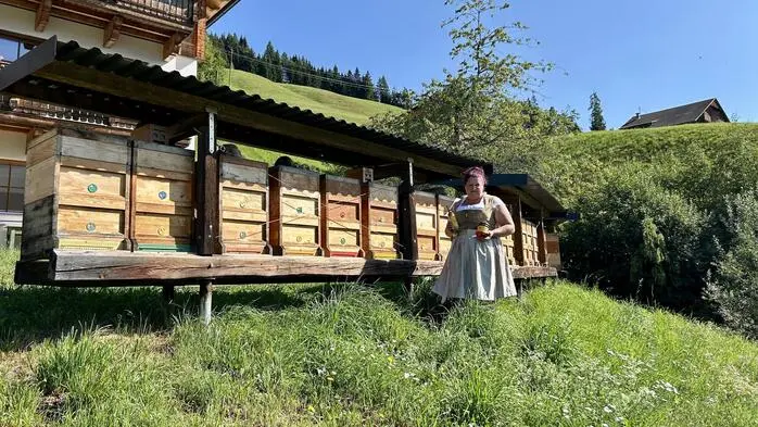 Eine Frau vor vielen Bienenstöcken