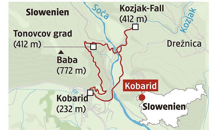 Die Route zum Kozjak-Wasserfall