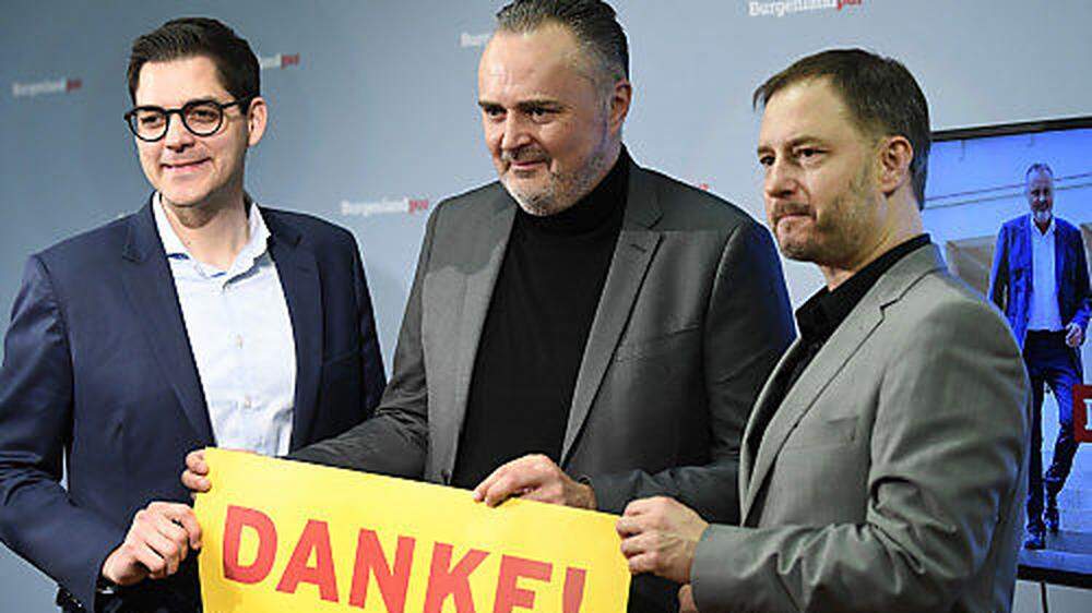 Doskozil (Mitte) mit den SPÖ-Landesgeschäftsführern Christian Dax (li.) und Roland Fürst am Montagnachmittag