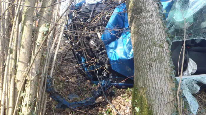 Das Fahrzeug stürzte über die Böschung und prallte gegen einen Baum, überschlug sich und prallte gegen einen weiteren Baum.