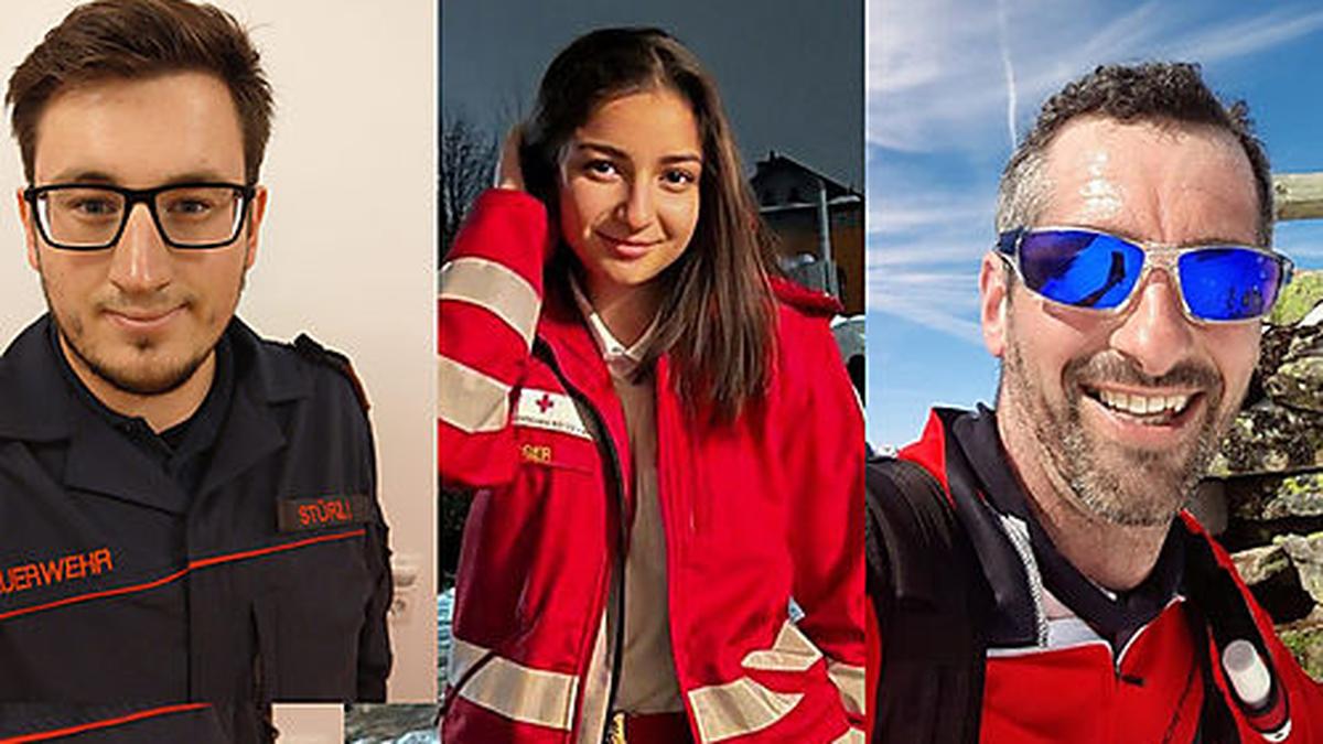 David Stürzl (Feuerwehr), Jennifer Egger (Rotes Kreuz) und Christian Würger (Bergrettung)