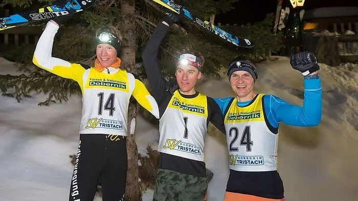 Martin Weißkopf gewann den Tristacher Nachttourenlauf vor Manuel Seibald (links) und Ingemar Wibmer (rechts)