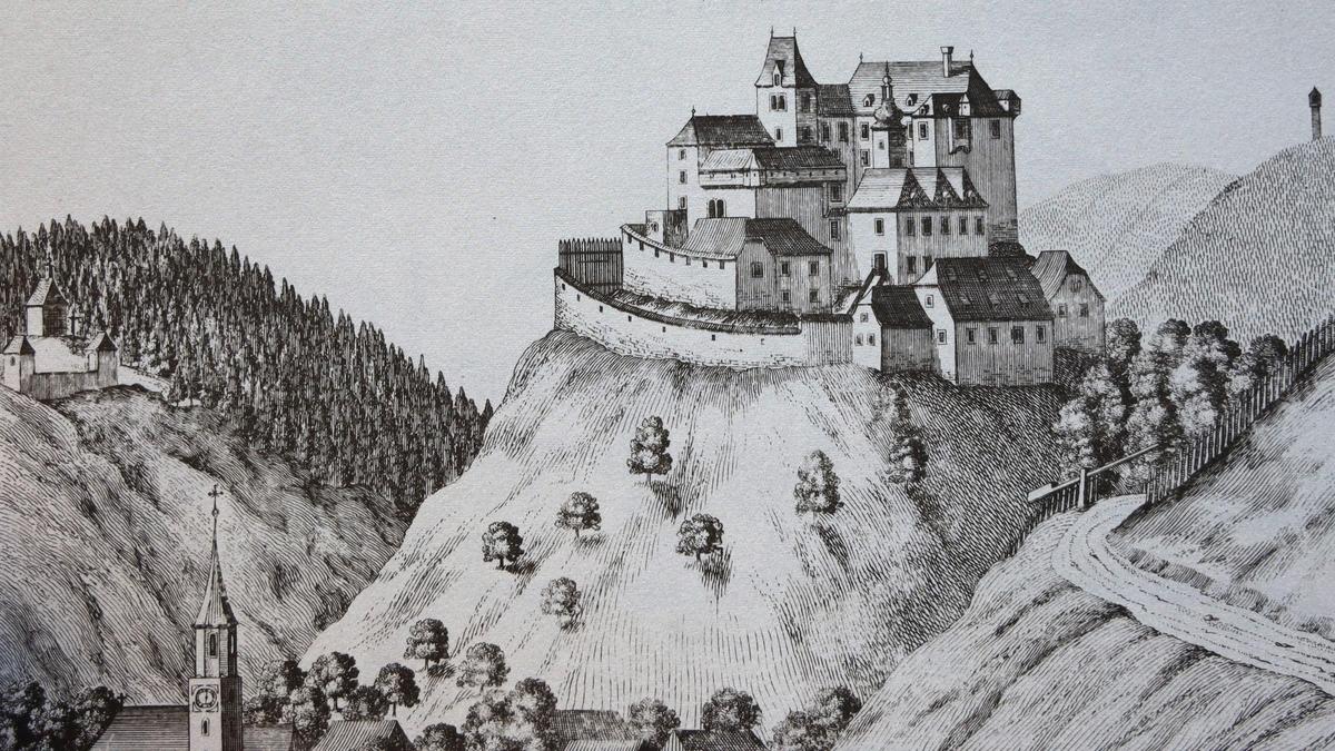 Die Burg Klöch im 17. Jahrhundert nach einer Darstellung von Georg Matthäus Vischer