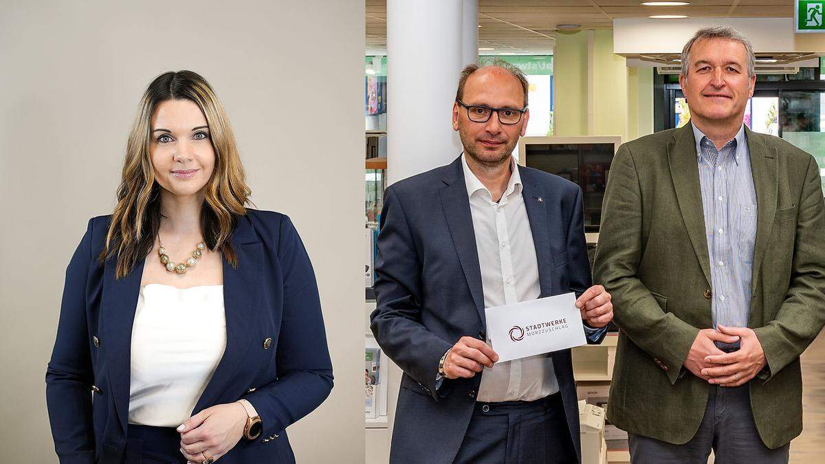 links: Sandra Preiß, Gründering und CEO der Limbio Group, rechts: Hubert Neureuter, Geschäftsführer der Stadtwerke, und Bürgermeister Karl Rudischer