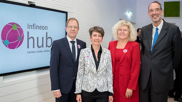 Reinhard Ploss und Sabine Herlitschka, Infineon, Rektorin Sabine Seidler, Minister Heinz Faßmann 