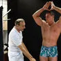 Testimonial Bodybuildingweltmeister Klaus Drescher steht beim 3D-Fotoshooting auf dem nahezu unsichtbaren Drehteller vor der schwarzen Stoffwand (rechts)