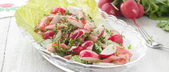 Ein frühlingshafter Salat aus Rhabarber, Avocado und Radieschen