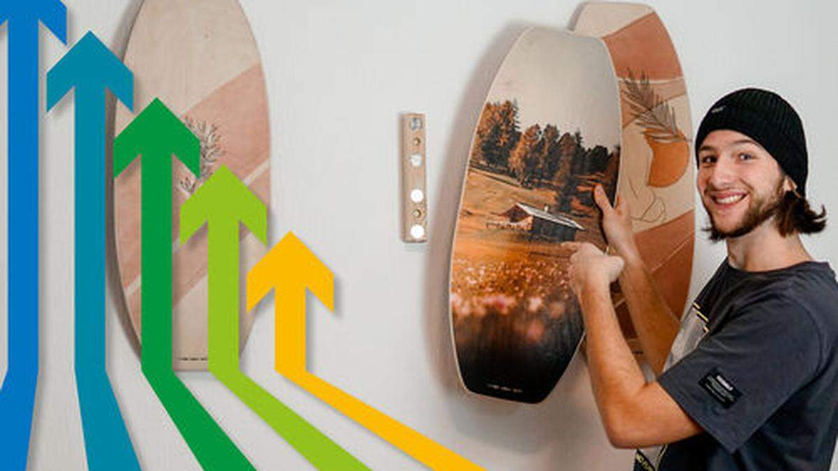 Tim Nöhrer mit einer Palette seiner Balance Boards, im Handumdrehen sind sie an der Wand. Die rutschfeste Korkoberfläche sorgt für Trittsicherheit