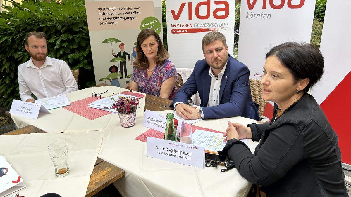 Vida-Pressekonferenz mit Vida-Fachsekretär Florian Klengl, Vida-Landesvorsitzende Ursula Heitzer, Vida-Landesgeschäftsführer Heimo Mauczka und Fachsekretärin Anita Ogris-Lipitsch in Klagenfurt