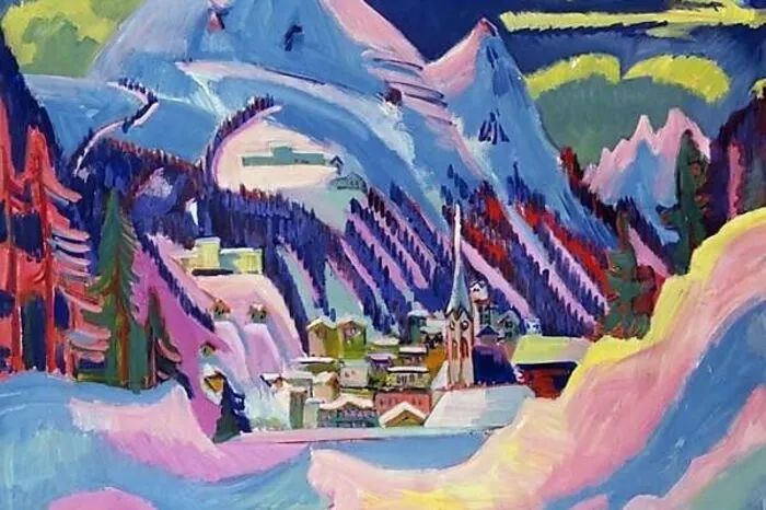„Davos im Schnee“ ist eines von vielen Winterbildern des deutschen Expressionisten Ernst Ludwig Kircher, der während des Ersten Weltkriegs in das Schweizer Alpendorf übersiedelte und dort 1938 Selbstmord beging nachdem die Nazis Hunderte seiner Bilder zerstört oder beschlagnahmt hatten.